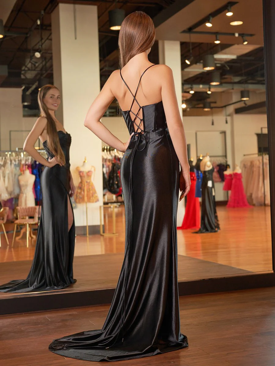 Spaghetti Straps Satin Mermaid Prom Dress with Slit