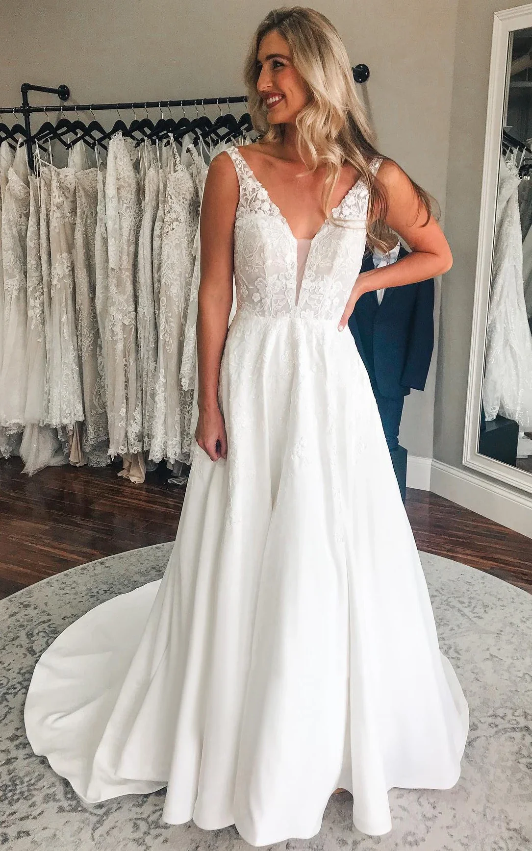 Sansa | Plunging Neckline A-Line Satin Wedding Dress With Low-V Back And Appliques