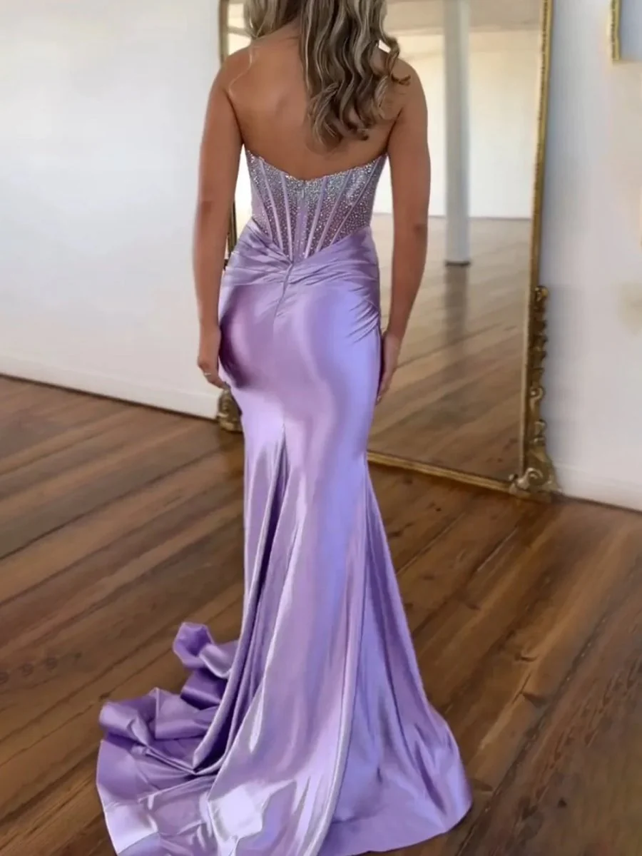 Serin | Purple Strapless Mermaid Satin Long Prom Dress With Beading