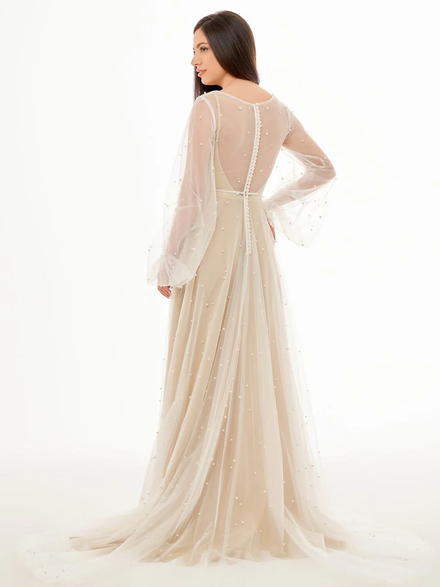 Franceska | Simple Modest A-Line Long Sleeve Tulle Elopement Illusion Wedding Dress with Pearl