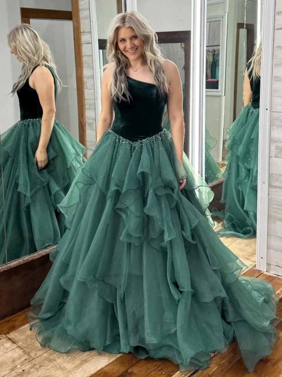 Belinda | Ruffle One Shoulder Royal Blue Velvet Top Long Formal Dress