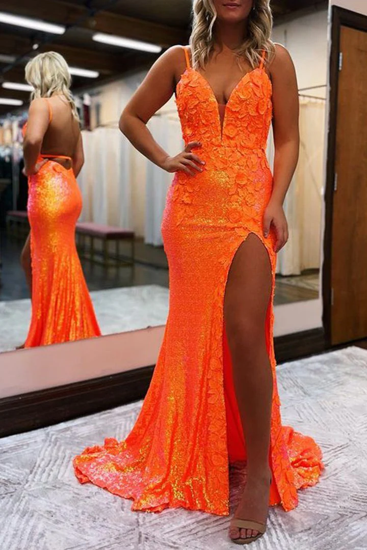 Miracle |Mermaid V Neck Sequins Prom Dress with Slit