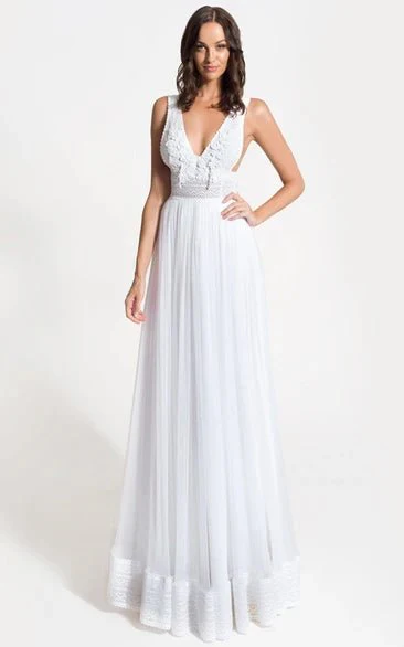 Grecian A-Line V-neck Lace Tulle Wedding Dress With Open Back And Appliques