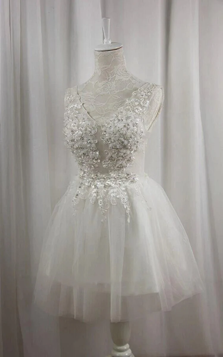 Short V-Neck Tulle Satin A-Line Wedding Dress
