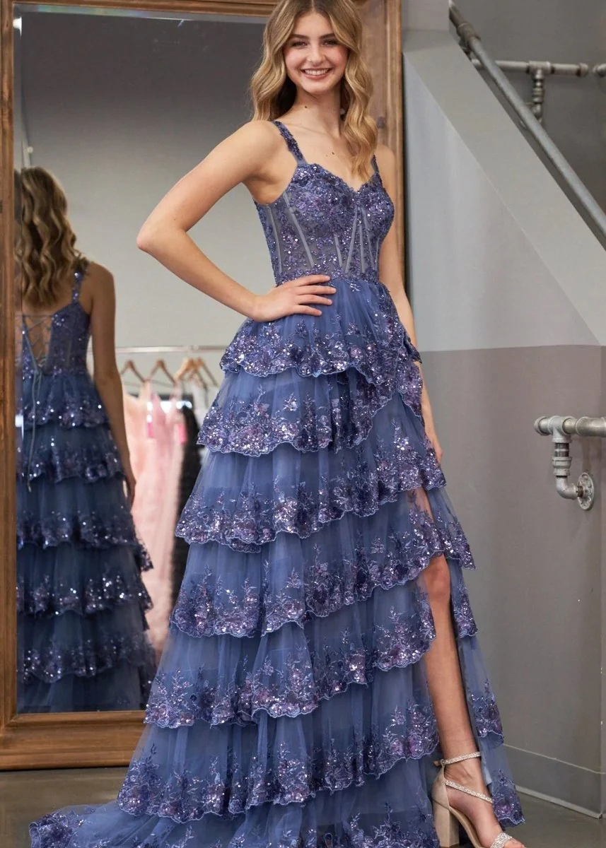 Capri | A-Line Lace Off-the-Shoulder Tiered Long Prom Dress with Slit