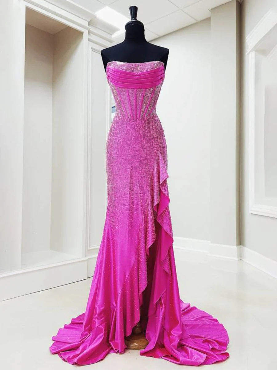 Miles | Mermaid Fuchsia Strapless Asymmetrical Beaded Long Prom Dress with Slit