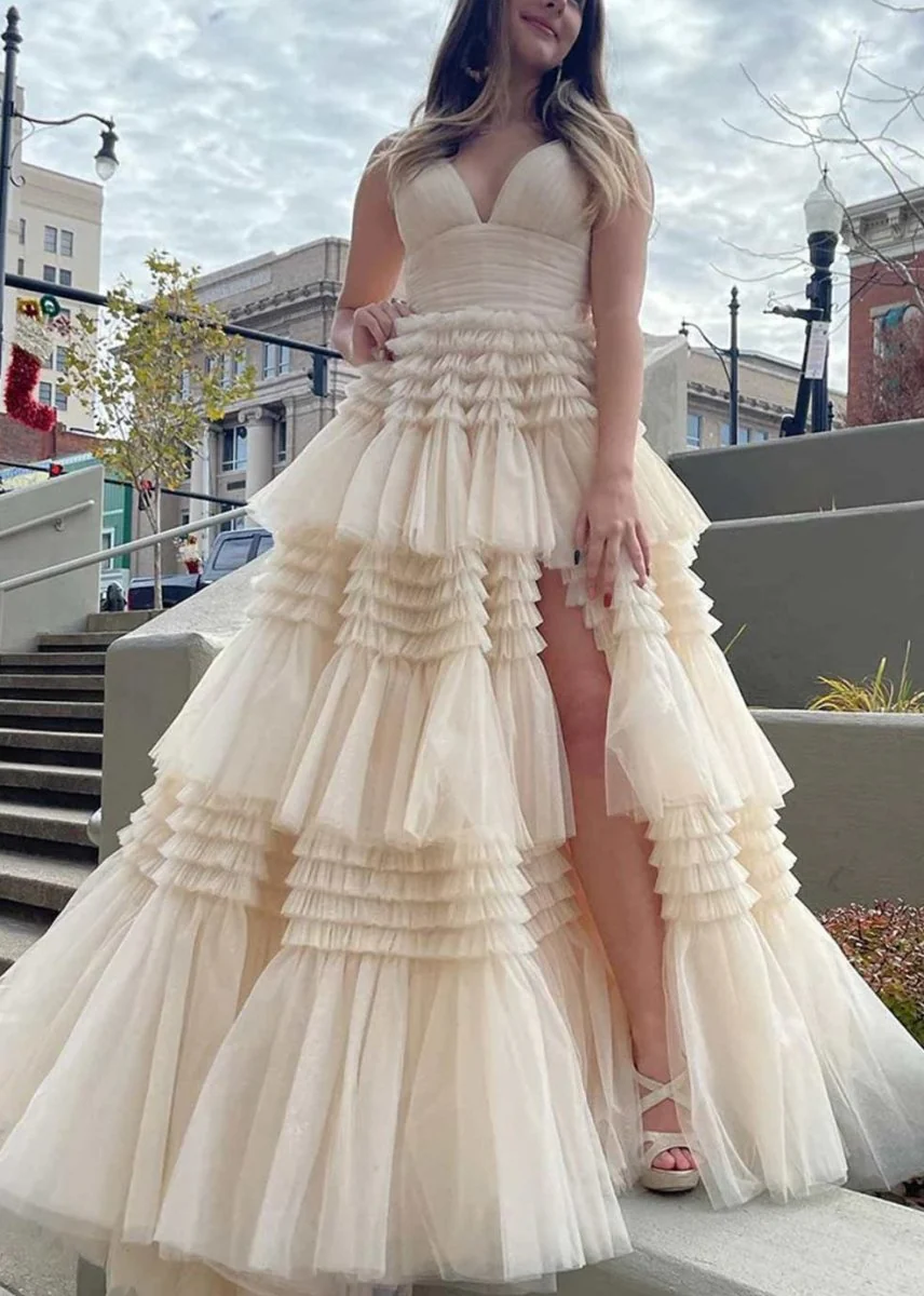 Amanda | Tulle Deep V Neck Spaghetti Straps Long Prom Dress