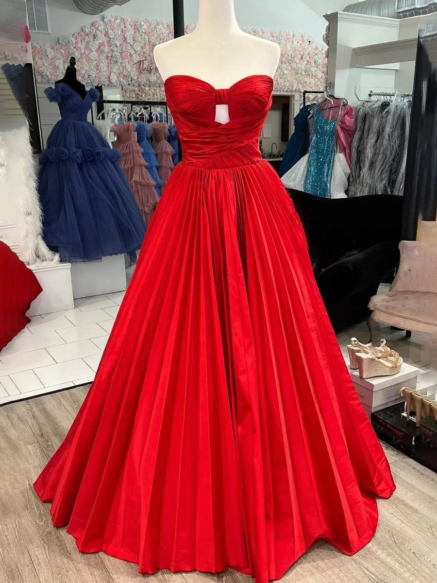 Kenji | Red Satin Strapless Keyhole Ball Gown
