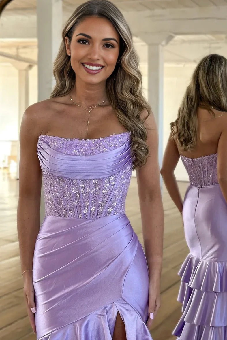Yvonne | Charming Mermaid Strapless Pink Satin Long Prom Dresses with Appliques
