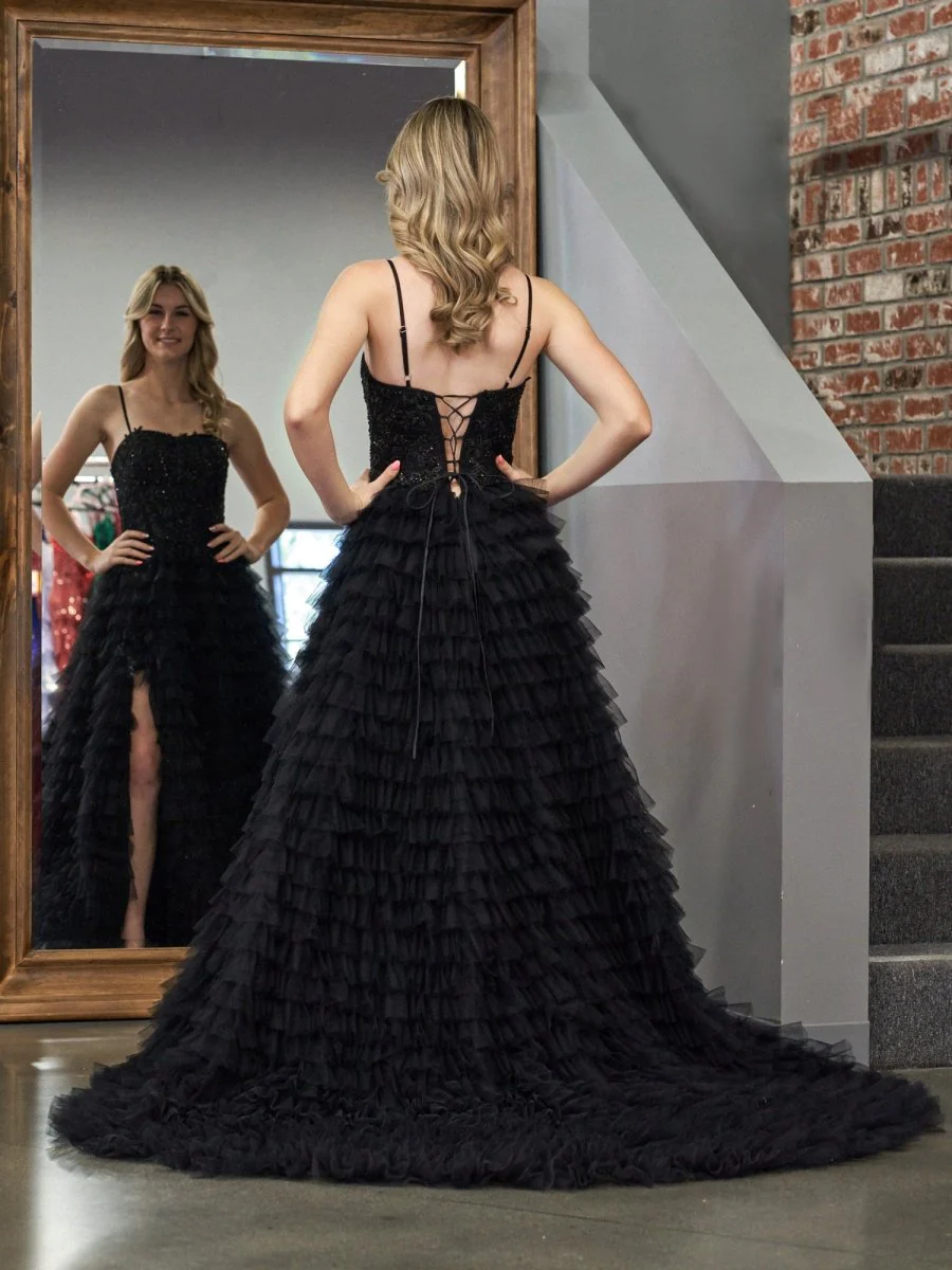 Jordan | Black A-Line Tiered Sequins Tulle Long Prom Dress