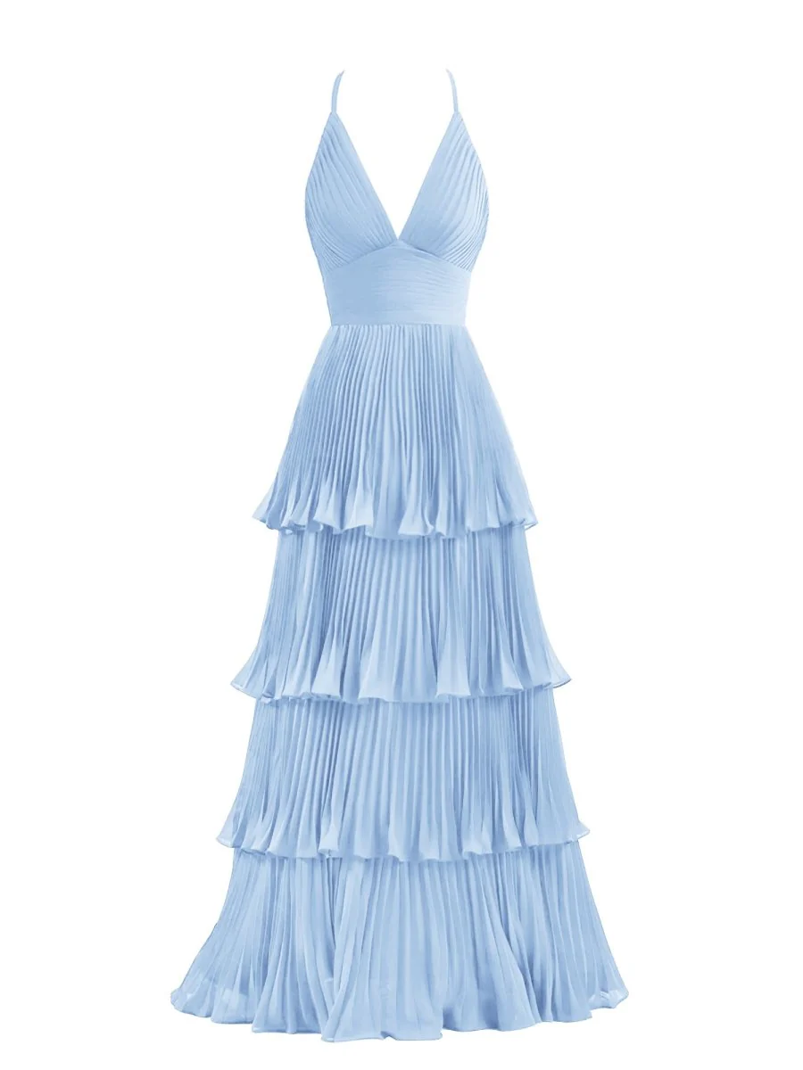 Dark Green A-Line Tiered Floor Length Chiffon Bridesmaid Dress