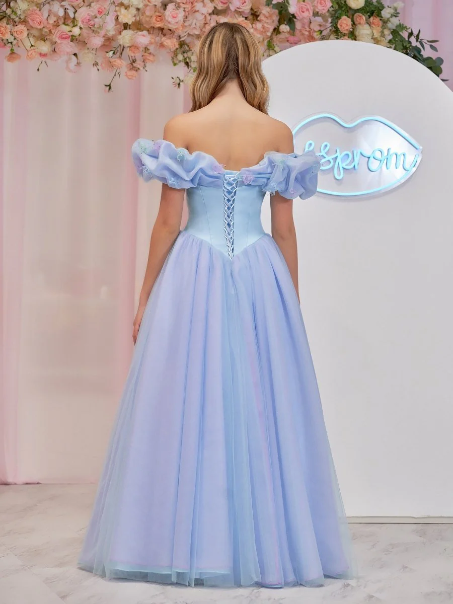 Isabel | Cinderella Blue Tulle Off the Shoulder With Crystals & Butterflies Ball Gown