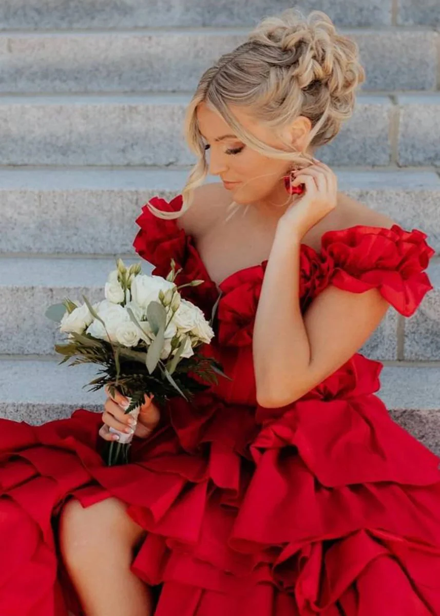 Madelynn | Off-Shoulder Ruched A-Line Layered Satin Prom Dress with Slit