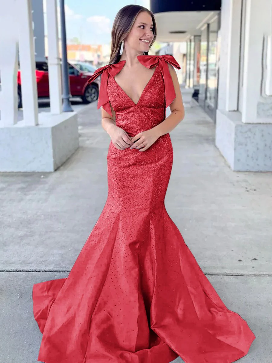 Kycera | Sky Blue V Neck Mermaid Satin Long Prom Dress With Bow