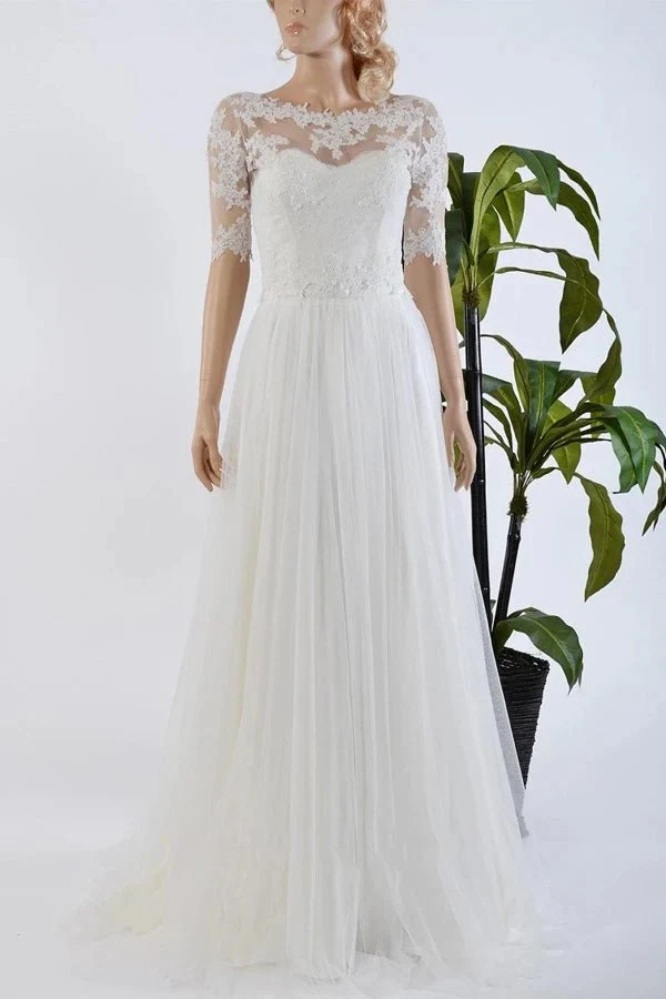 A-Line Tulle Satin Bowed Lace Bolero Wedding Dress