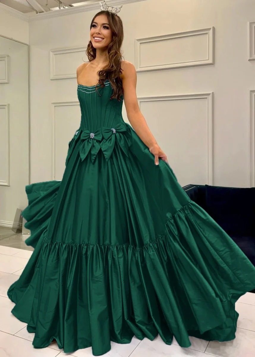 Cristal | A-Line Black Scoop Neck Satin Long Prom Dresses with Bow Knots