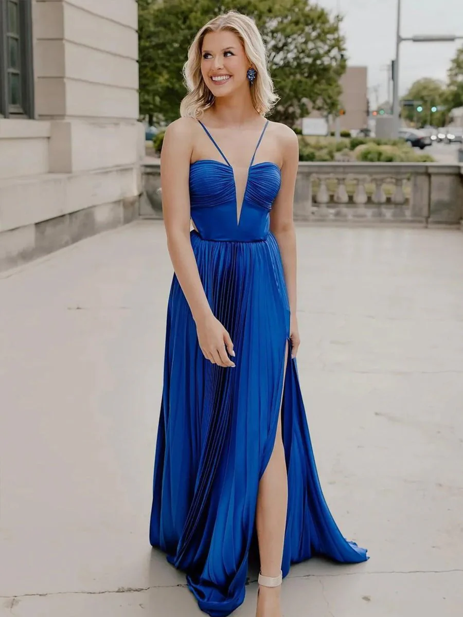 Kimia |  A-Line Straps Royal Blue Pleated Chiffon Long Formal Dress with Bow Back