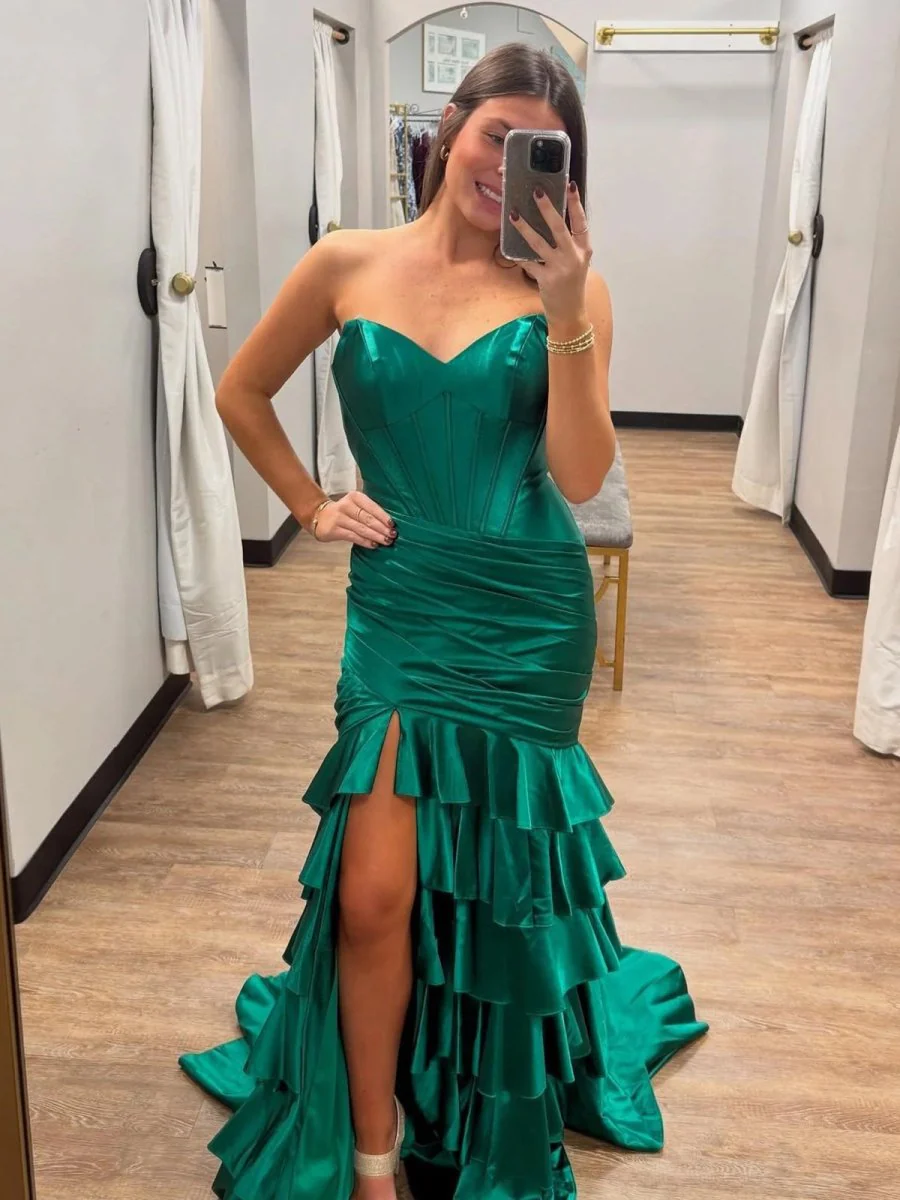 Diya | Mermaid Strapless Satin Ruffle Long Prom Dress With Split