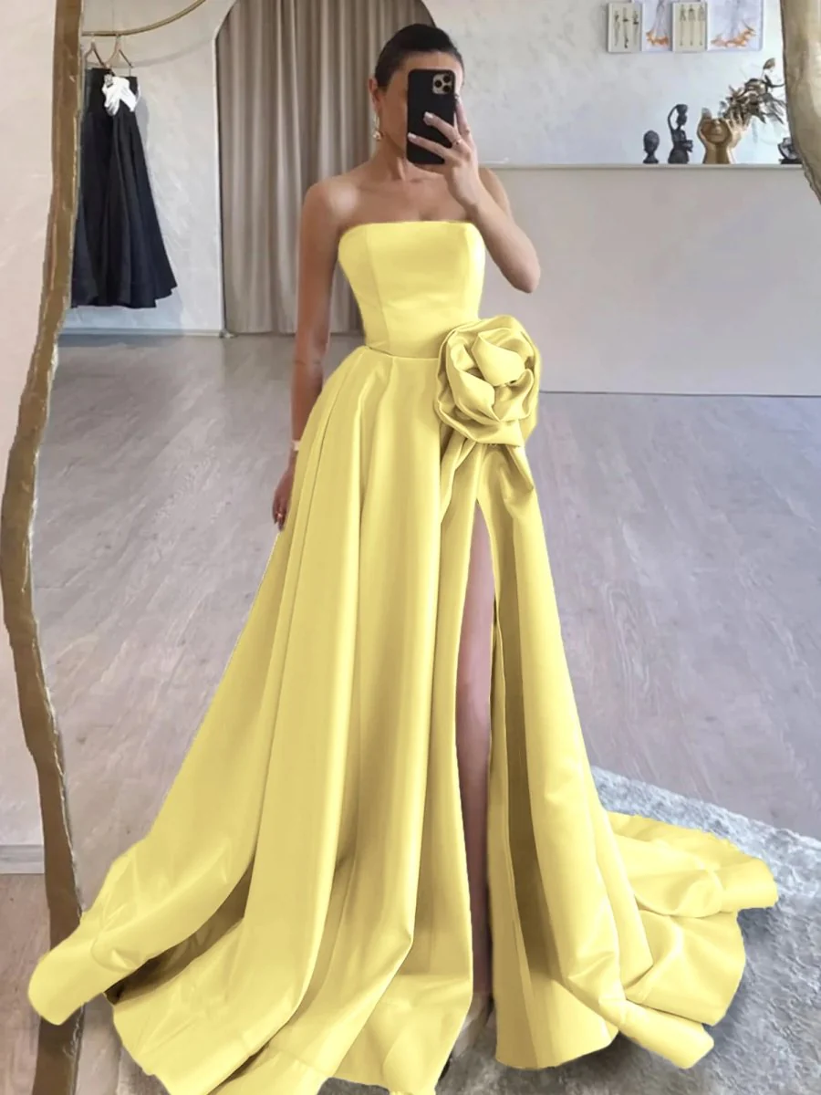 Vanora | Black Strapless Satin Long Prom Dress With High Split