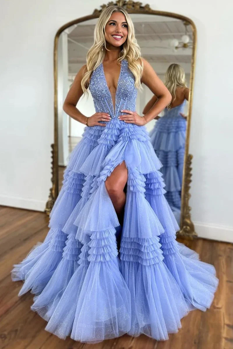 Morton|Red Tulle Appliques Halter Ruffle Tiered Ball Gown