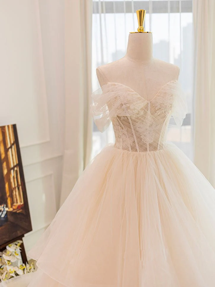 Vivienne | Champagne Tulle Lace Wedding Dress With Sweep Train