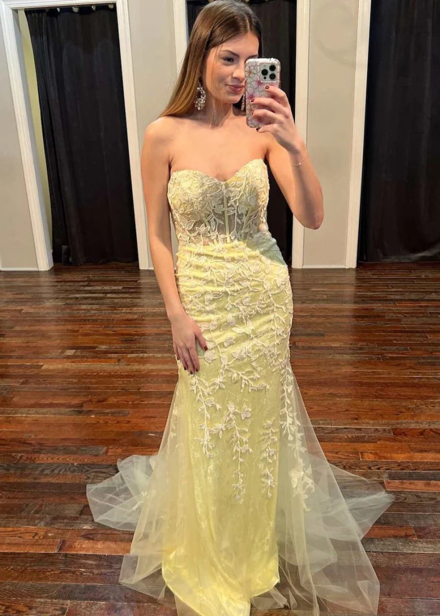 Evie |Mermaid Strapless Lace Prom Dress With Appliques