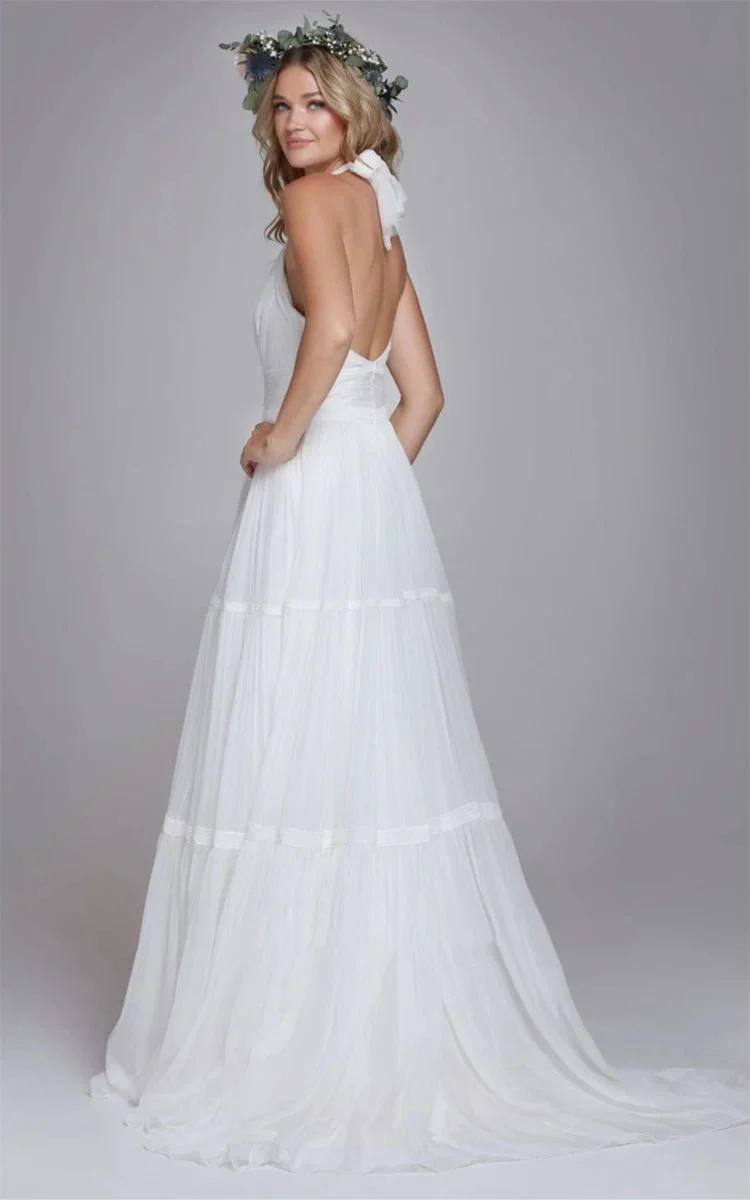 Bohemian Halter A Line Tulle Brush Train Wedding Dress with Ruching