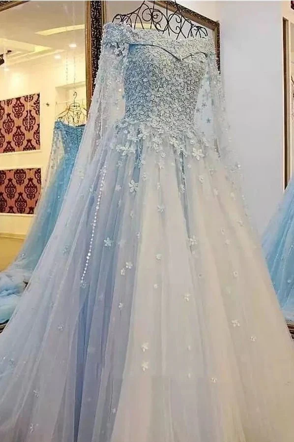 Princess Sparkly Blue A-Line Off-the-Shoulder Lace Wedding Dress Modest Unique Fairy Tied Back Bridal Gown with 3D Floral Appliques