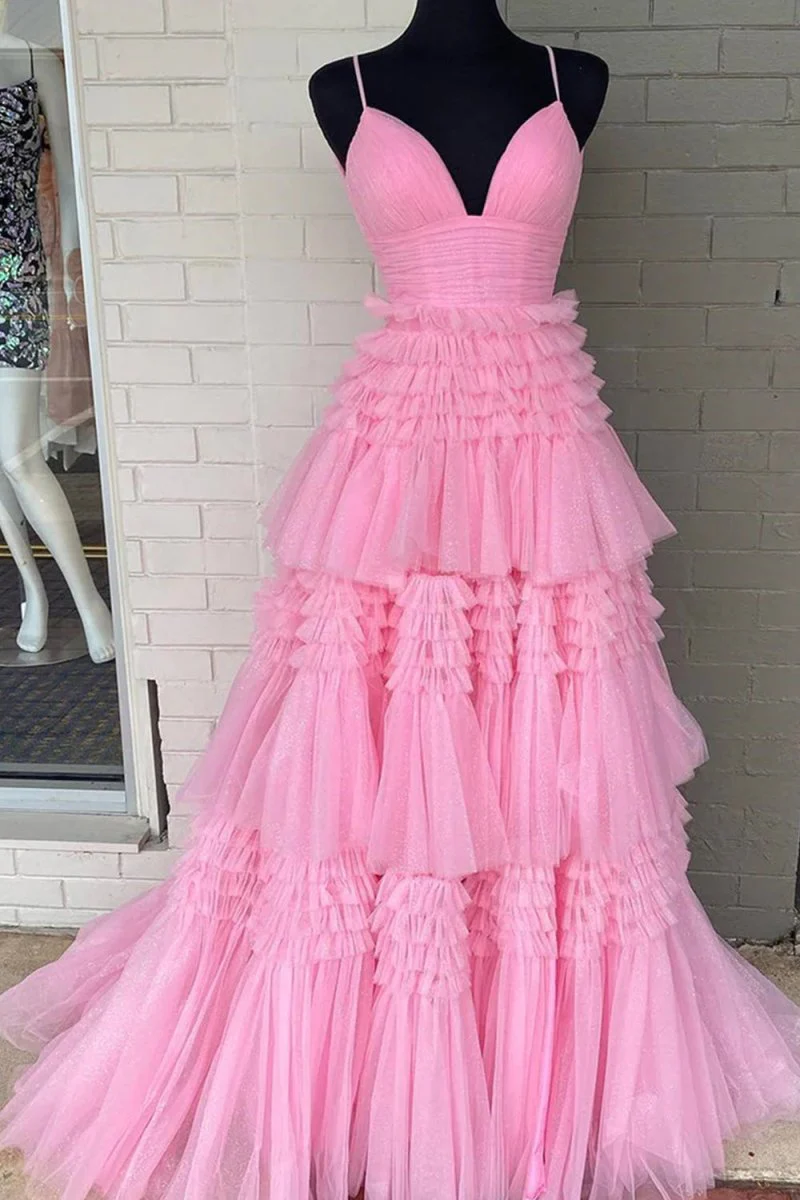 Amanda | Tulle Deep V Neck Spaghetti Straps Long Prom Dress