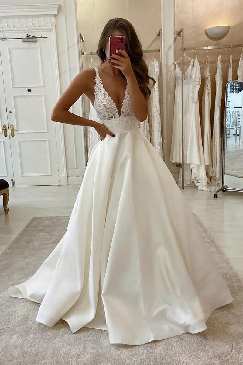 A-Line V-neck Lace Appliques Satin Wedding Dress Bridal Gowns