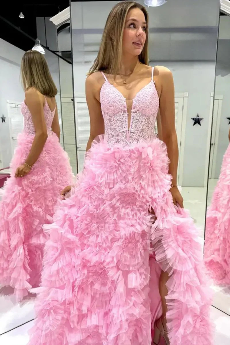 Joyce| Black Plunge V Spaghetti Strap Ruffle Tiered Long Gown