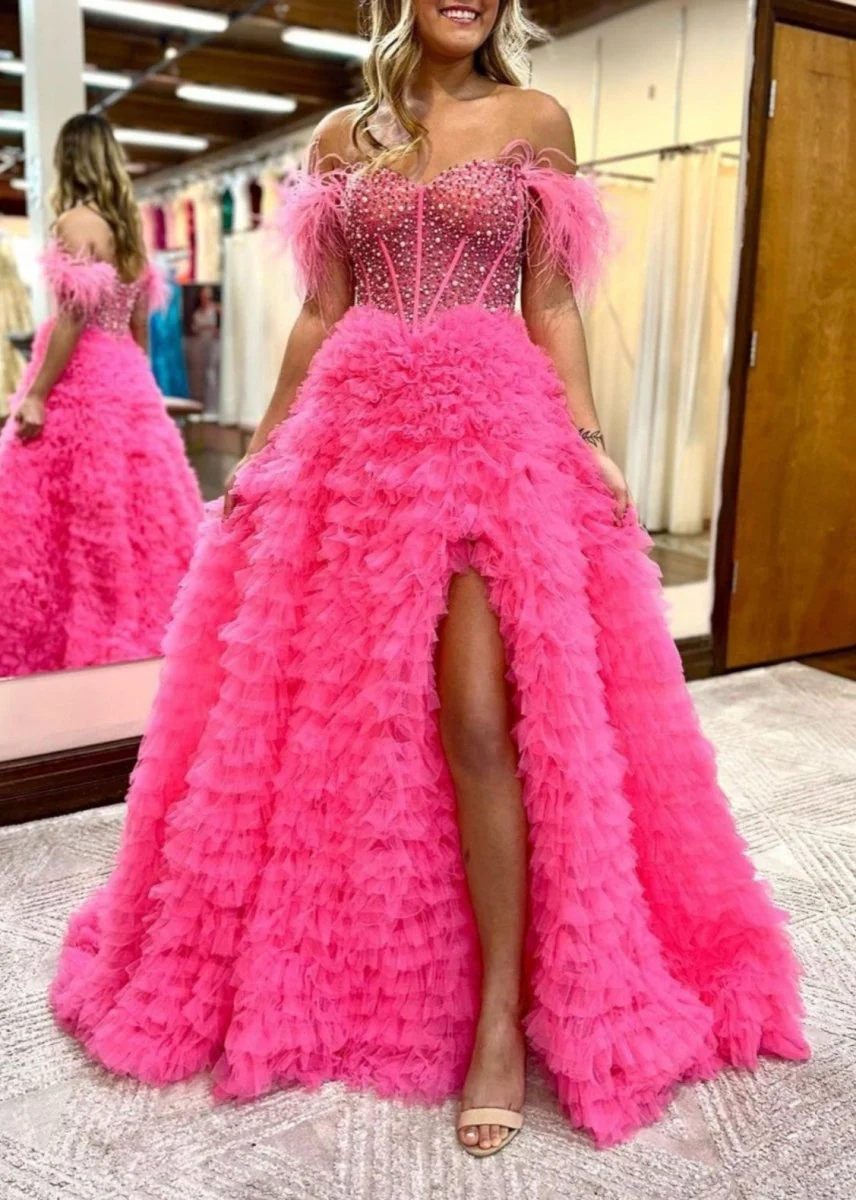 Astrid |A Line Off the Shoulder Tiered Tulle Prom Dress With Slit