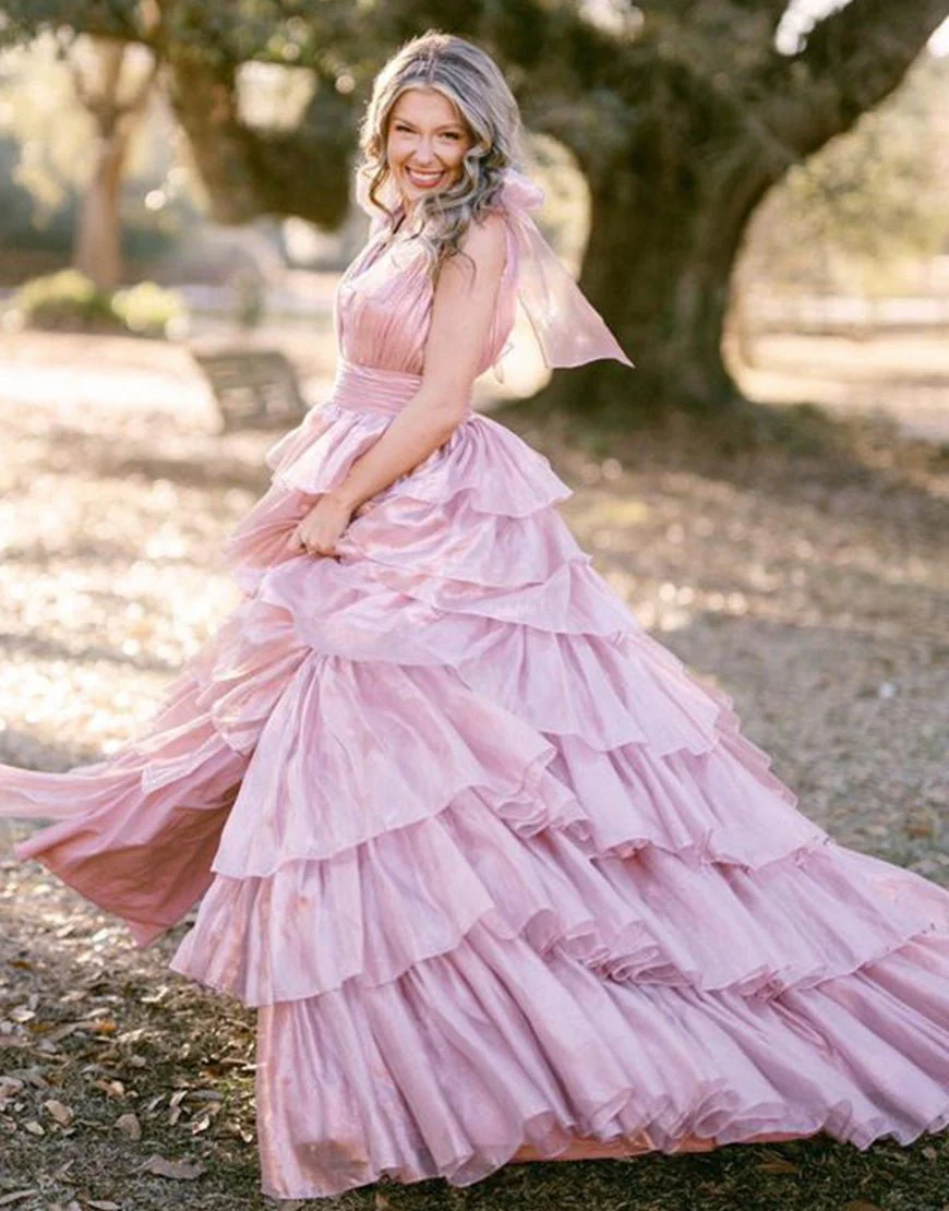August | Glitter Tie Straps Pink Plunging Neck Tiered Long Prom Dress