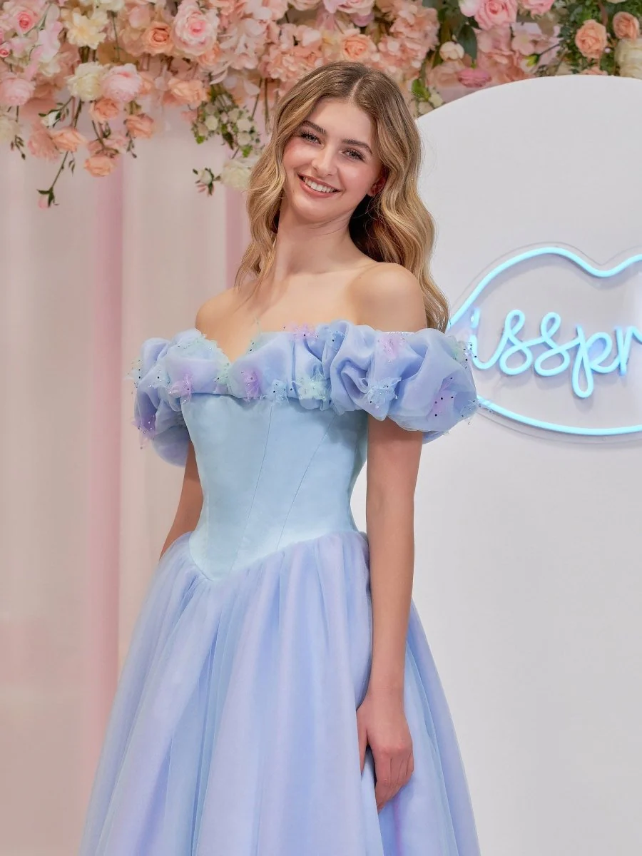 Isabel | Cinderella Blue Tulle Off the Shoulder With Crystals & Butterflies Ball Gown
