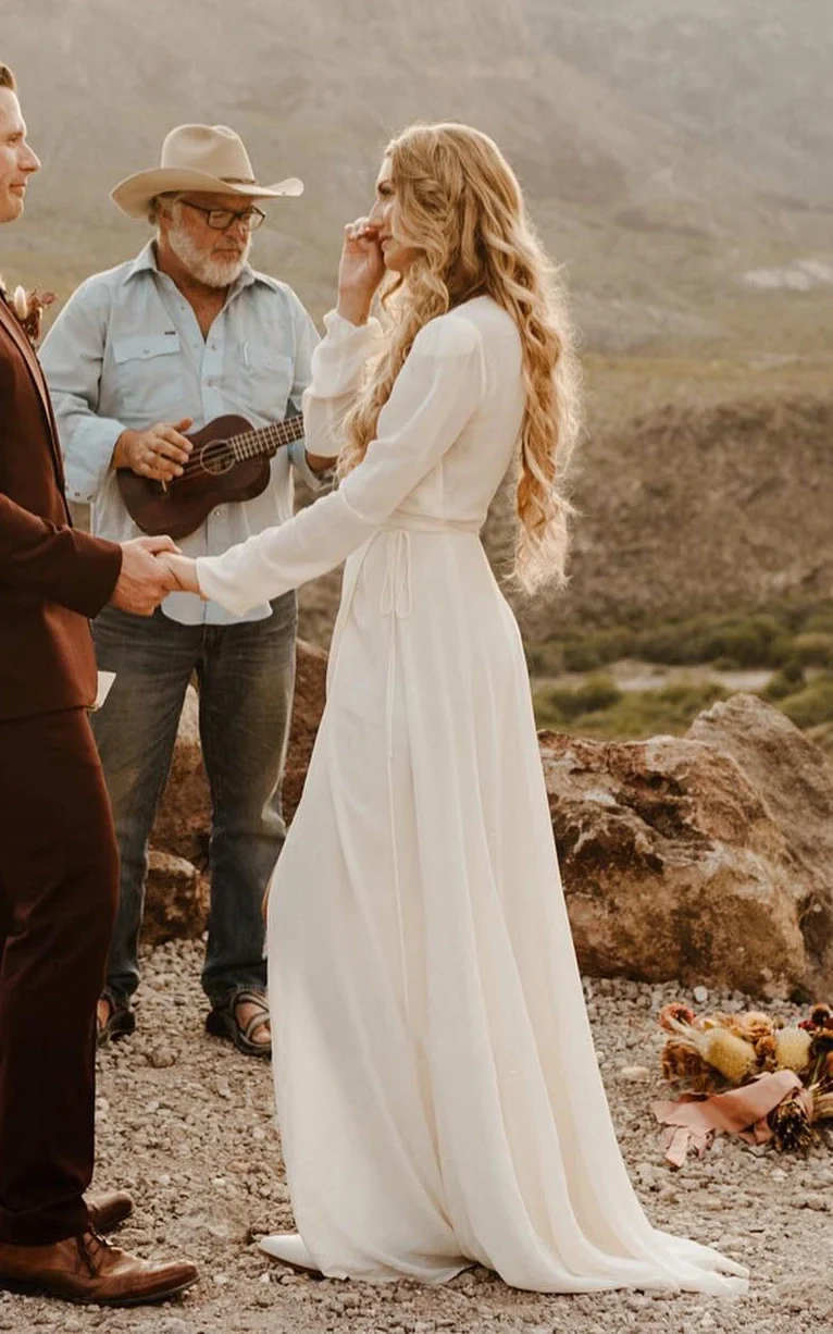 Leilani | A-Line Sleeved Chiffon Wedding Dress with Sweep Train and Slit