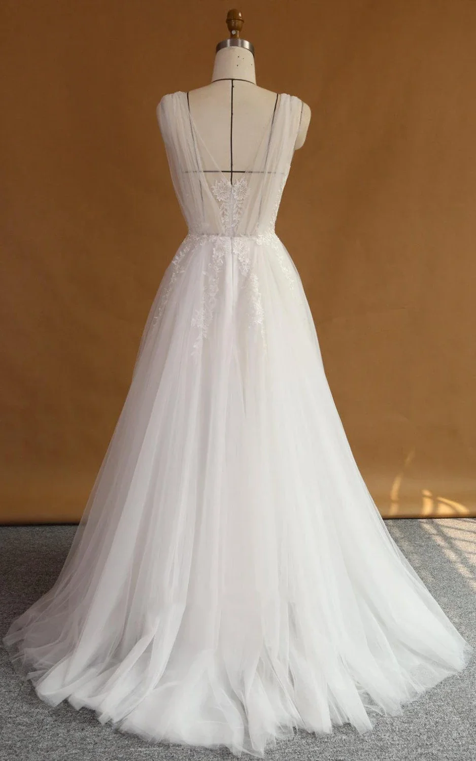 A-Line Strapped V-Neck Lace Satin Dress With Appliques Low-V Back