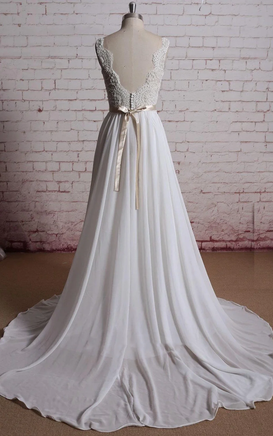 V-Neck Long Chiffon Bridal Gown With Champagne Lining of the Bodice