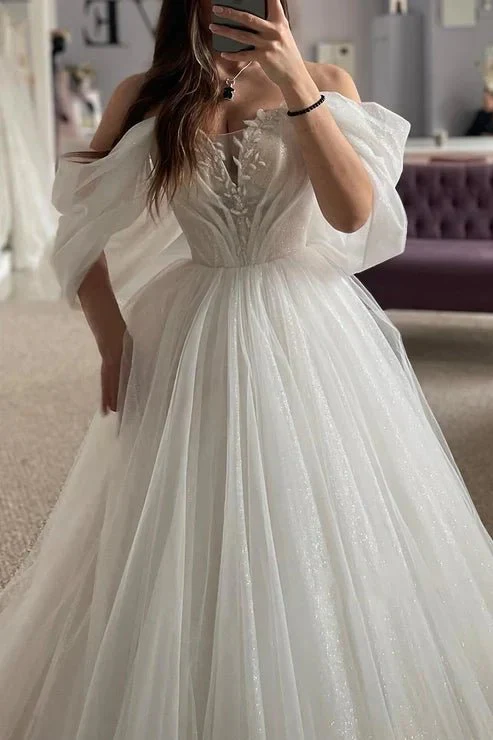 A-Line Off-Shoulder Appliques Glitter Sheer Tulle Wedding Dress