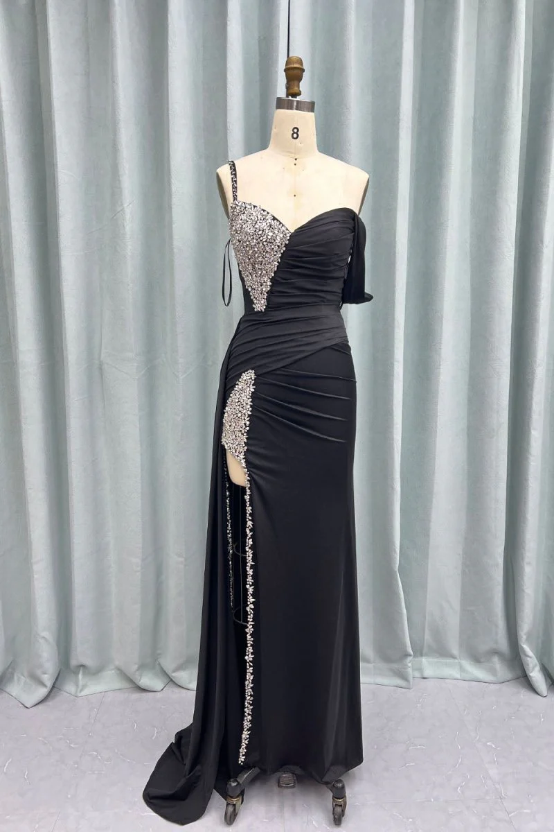 Kaydence | Chic Asymmertrical Fuchsia Beaded Long Porm Dress