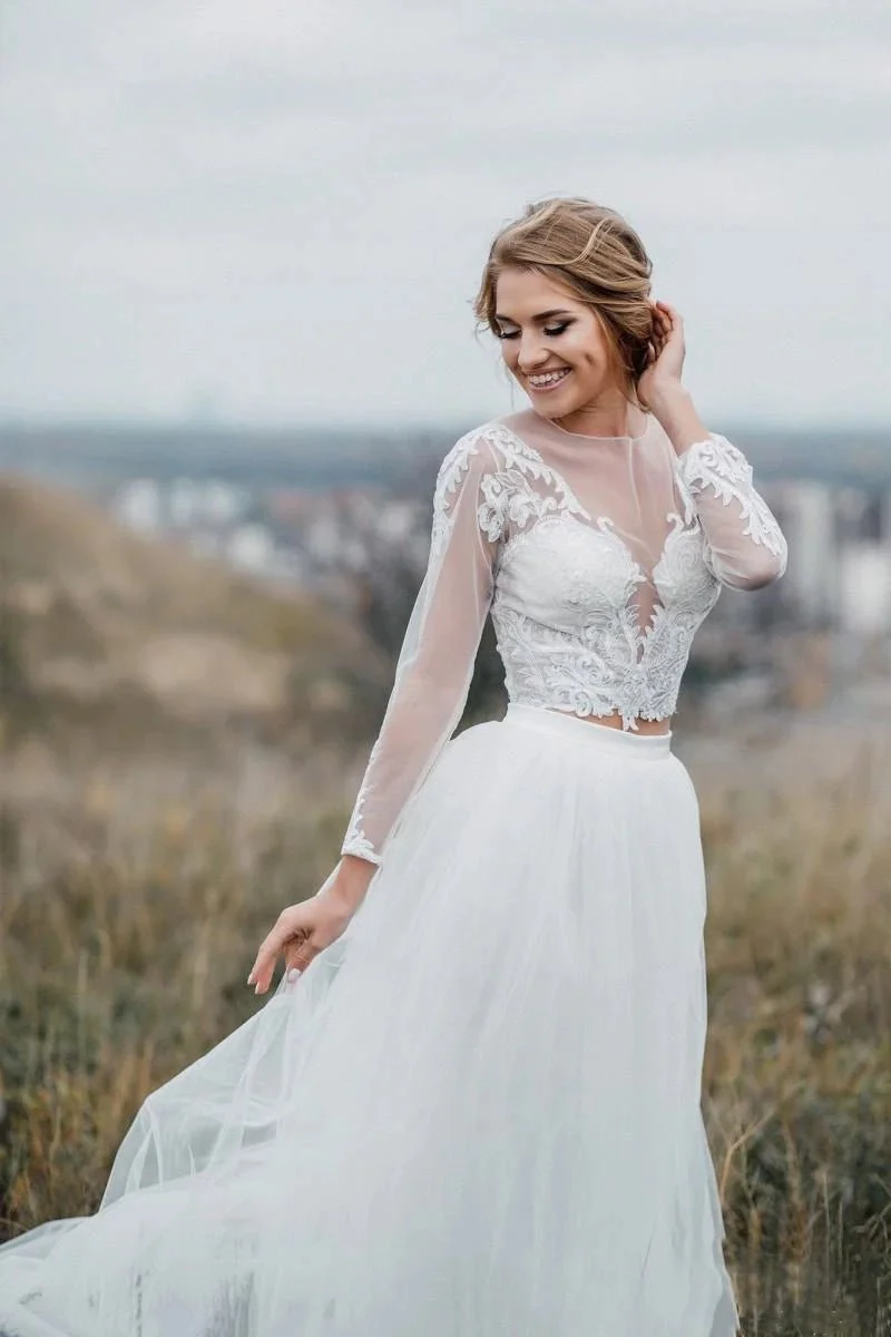 Glamorous Bohemian Illusion Sleeves Lace Two Piece Court Train Wedding Dress