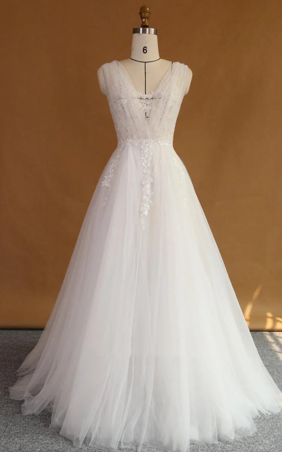 A-Line Strapped V-Neck Lace Satin Dress With Appliques Low-V Back