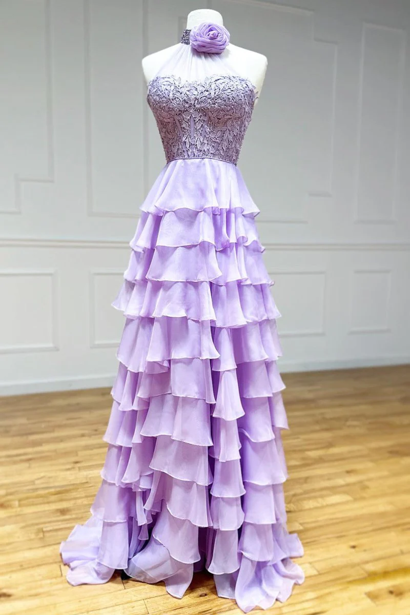 Emerie |A line High Neck Tiered Chiffon Prom Dress with 3D Flower