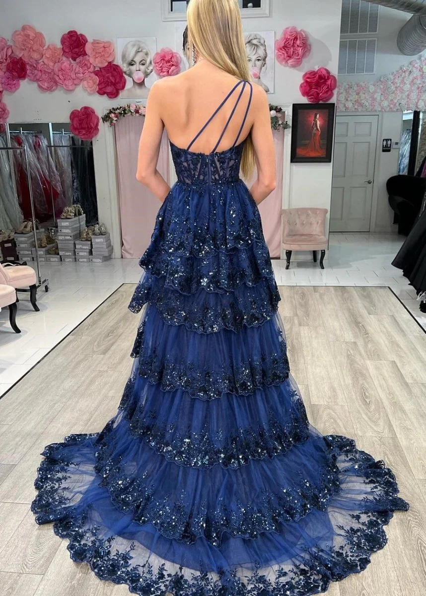 Livia |Sheath One Shoulder Tiered Lace Long Prom Dress