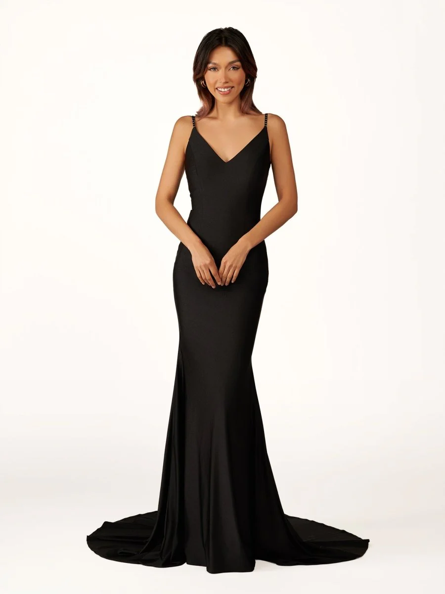 Navy Blue Beaded V-Neck Backless Mermaid Long Prom Dress