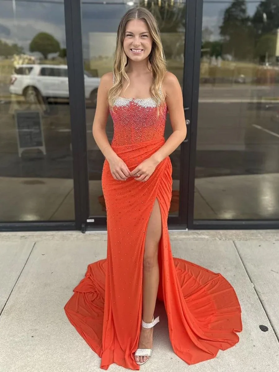 Oriole | Spaghetti Straps Beaded Mermaid Prom Dress with Slit