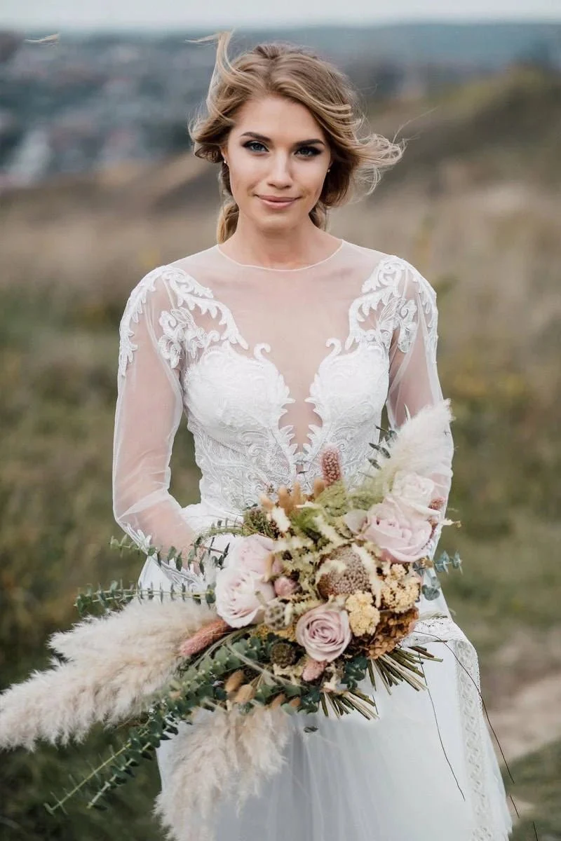 Glamorous Bohemian Illusion Sleeves Lace Two Piece Court Train Wedding Dress