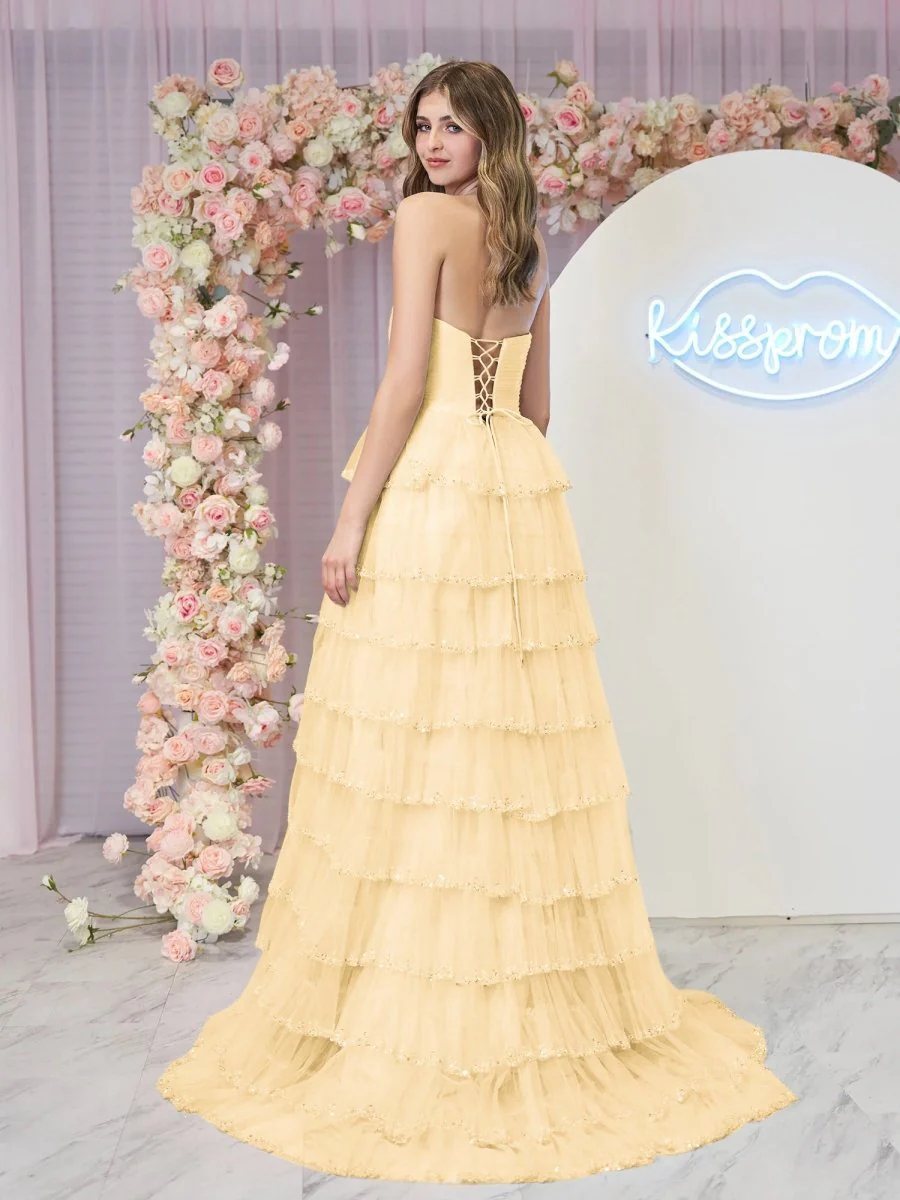 Braelyn | Light Blue Strapless Layered Tulle Prom Dress with Sequins