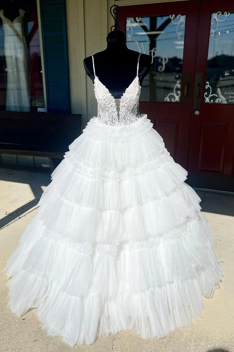 Hadlee | Black Beaded Spaghetti Strap Ruffle Tiered Ball Gown