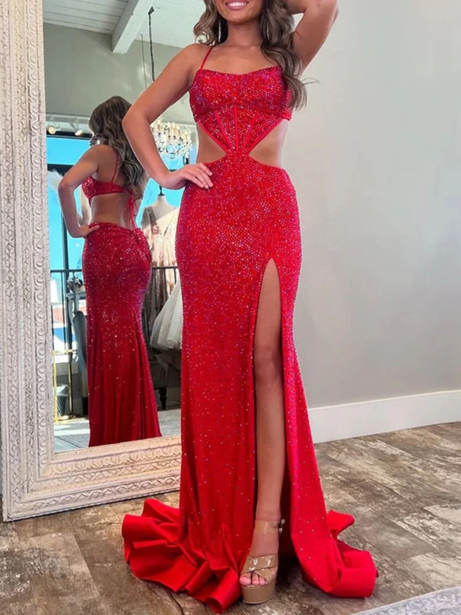 Petra | Red Spaghetti Straps Cutout Beaded Mermaid Long Dress With Split