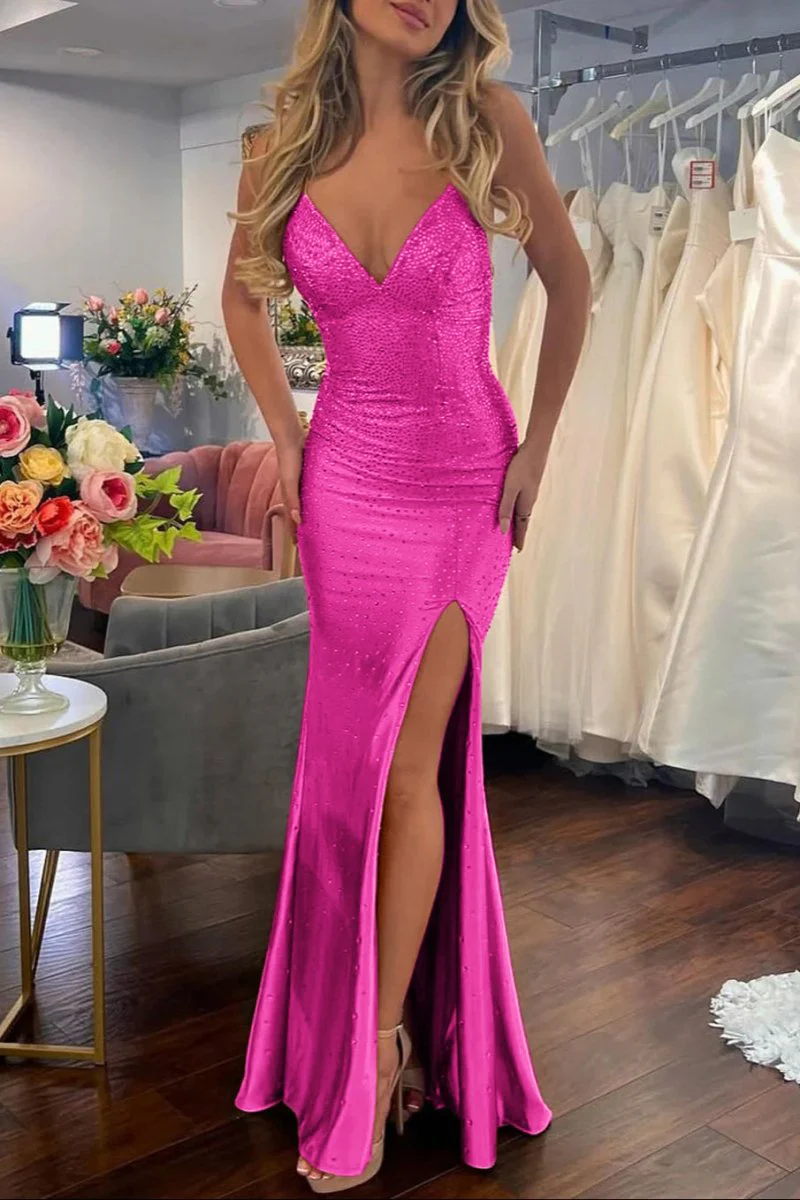 Jean | Sexy Mermaid V Neck Satin Slit Prom Dress with Hot Stone